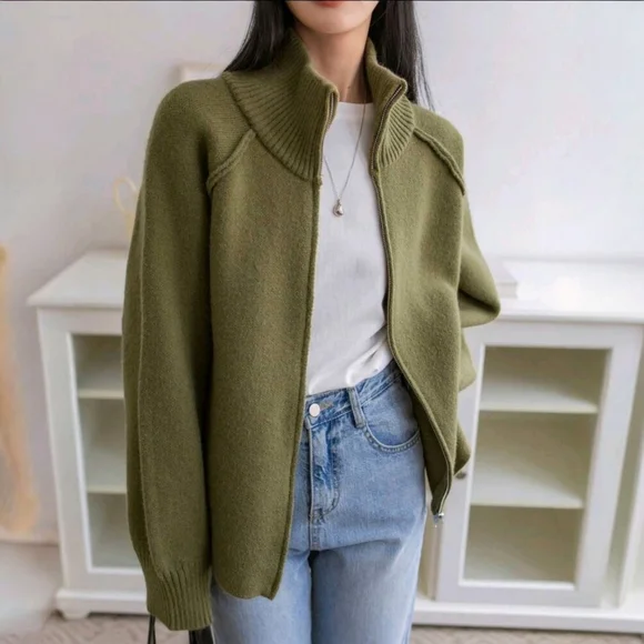 Zippered Mock Neck Cardigan ▪︎ Army Green ▪︎ LG - Picture 2 of 16